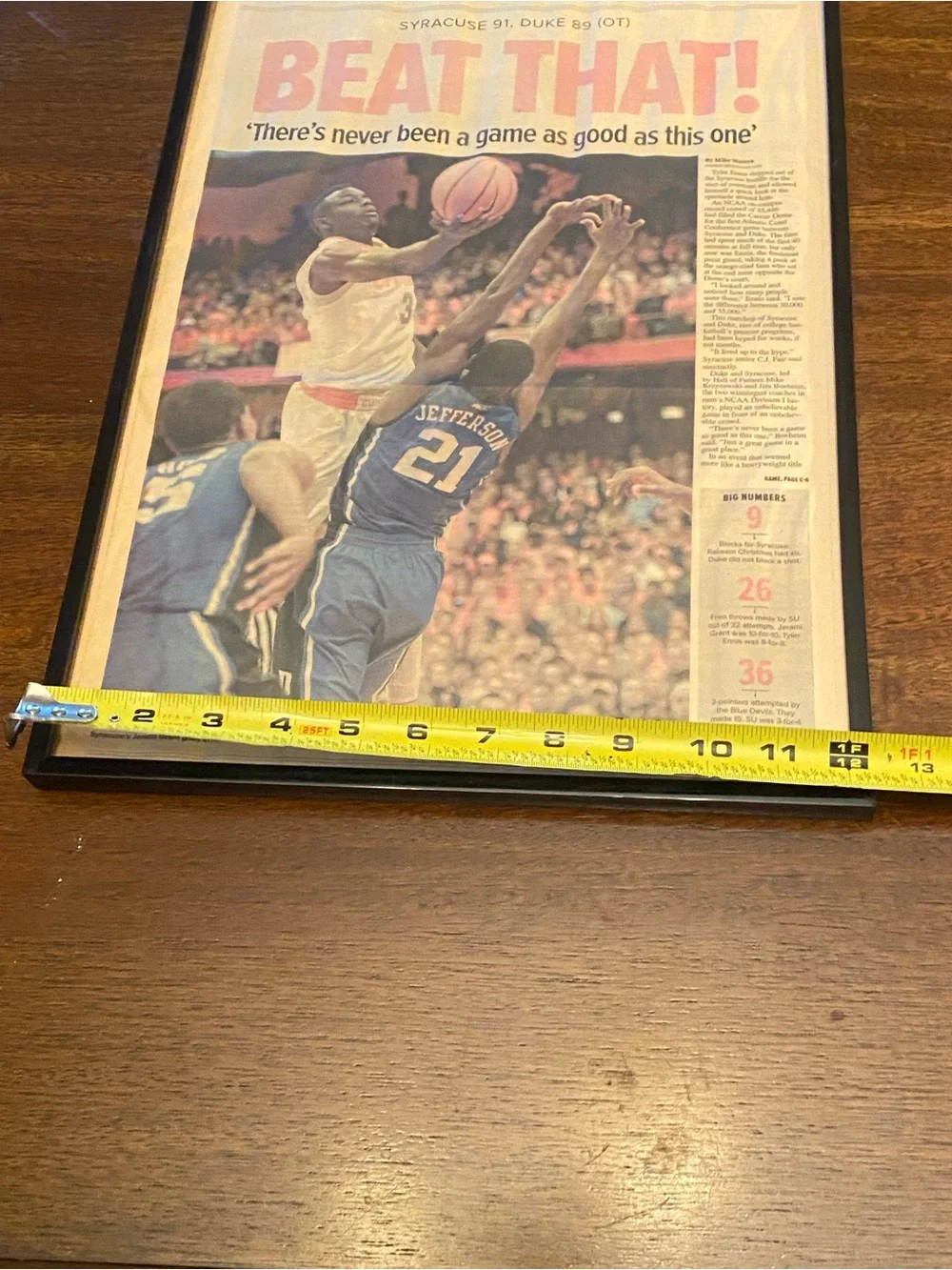 2014 Syracuse Orange Beat Duke 91-89 OT Framed Post-Standard Sports Jerami Grant